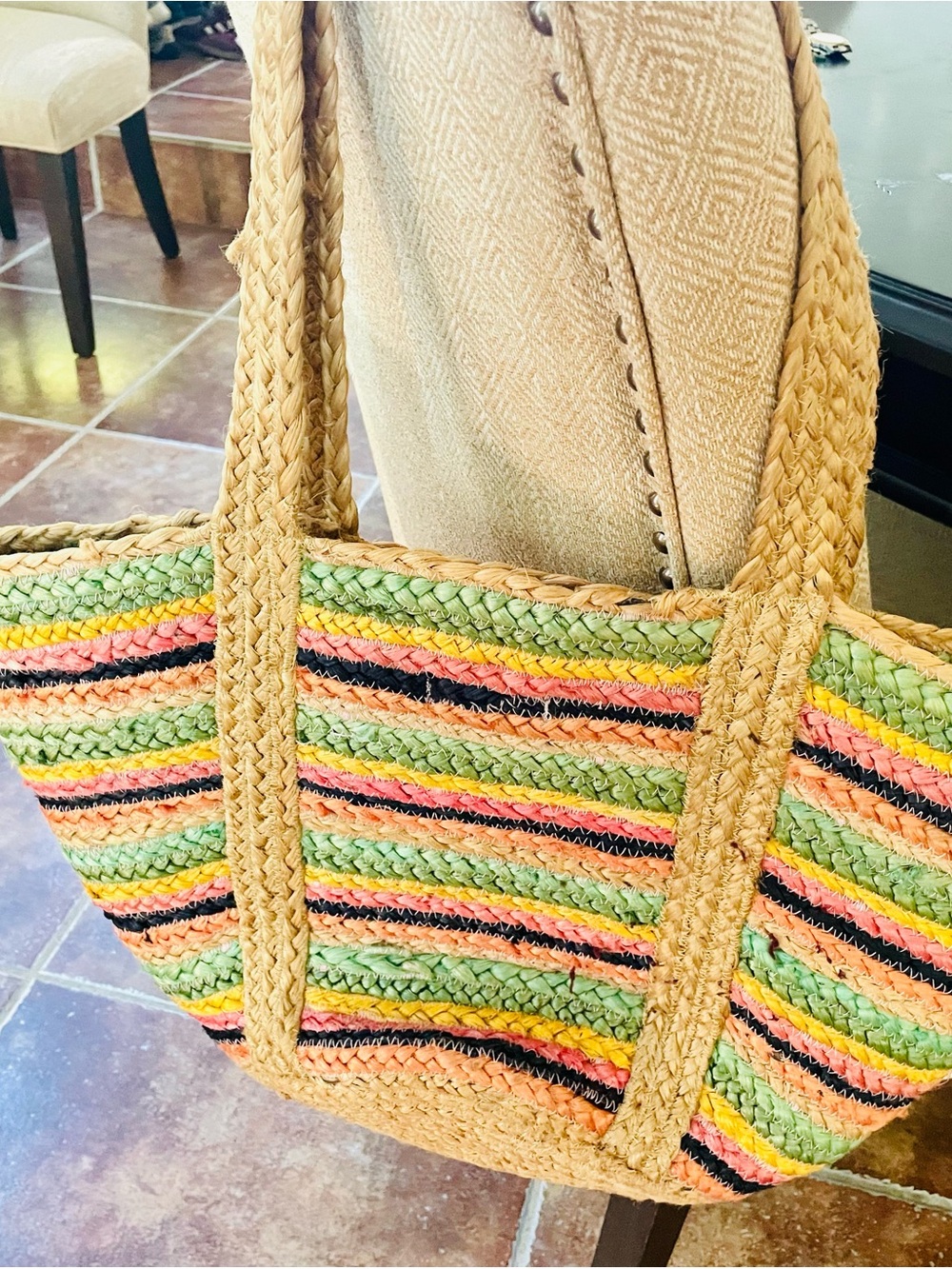 Shiraleah Multicolor Jute Stripe Tote - Green Pink Yellow Black
